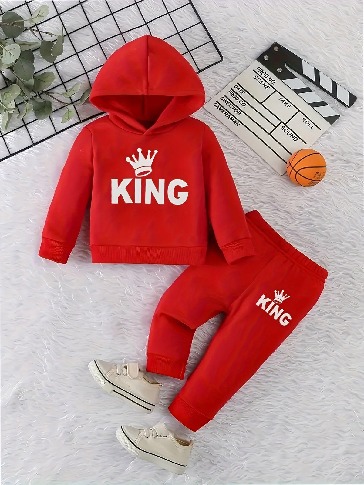 Baby Boy KING Crown Pattern Fleece Hoodie+Casual Pants Two Piece