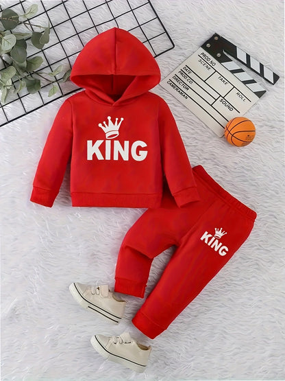 Baby Boy KING Crown Pattern Fleece Hoodie+Casual Pants Two Piece