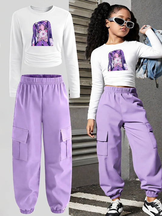 Comfy Kids Girls 2-Piece Set, Soft Breathable Anime Print Crop Top