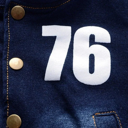 Boys 2Pcs Denim Tracksuit Number 76 Print Button Baseball Jacket