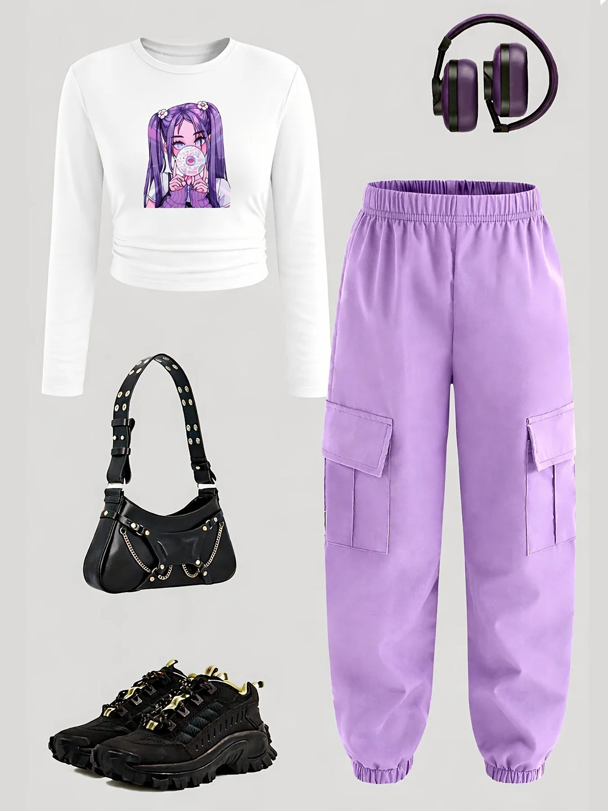 Comfy Kids Girls 2-Piece Set, Soft Breathable Anime Print Crop Top