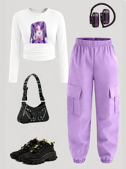 Comfy Kids Girls 2-Piece Set, Soft Breathable Anime Print Crop Top