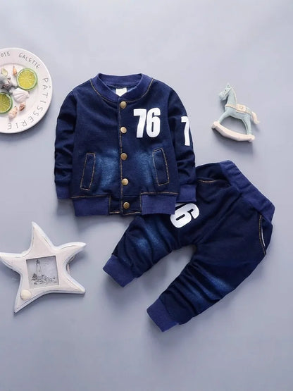 Boys 2Pcs Denim Tracksuit Number 76 Print Button Baseball Jacket