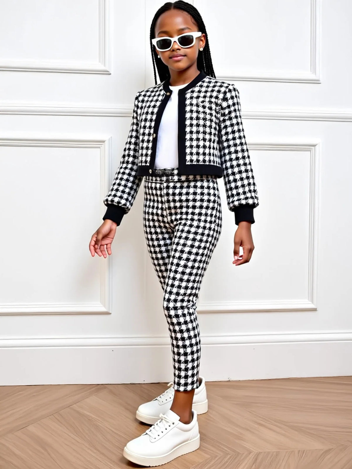 2pcs Set of Girls Outfits Long Sleeves Button Cardigan Jacket