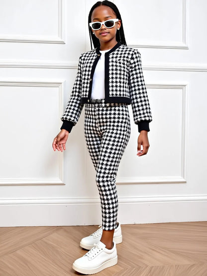 2pcs Set of Girls Outfits Long Sleeves Button Cardigan Jacket