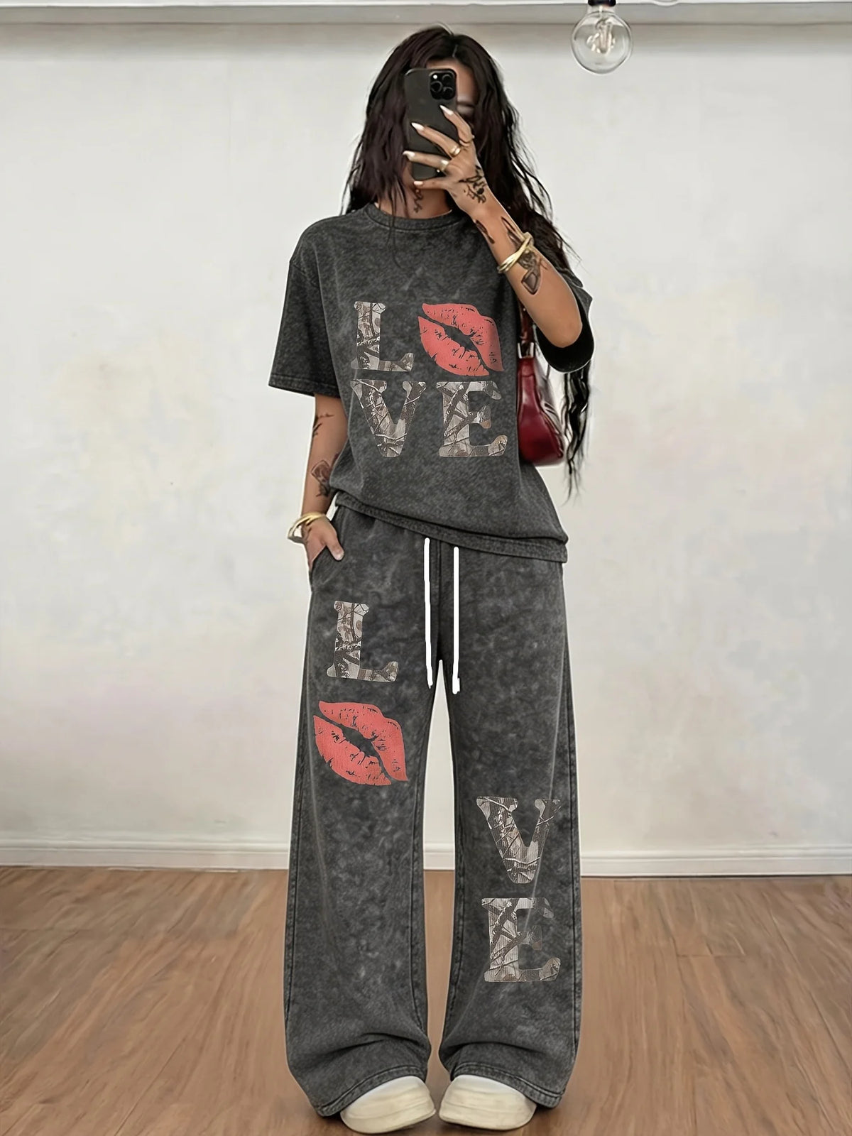 2026 Summer LOVE & Lip Print Quick Dry Pants Elastic High Waist