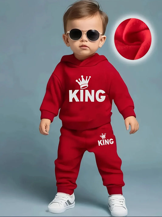 Baby Boy KING Crown Pattern Fleece Hoodie+Casual Pants Two Piece