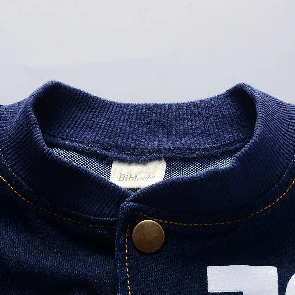 Boys 2Pcs Denim Tracksuit Number 76 Print Button Baseball Jacket