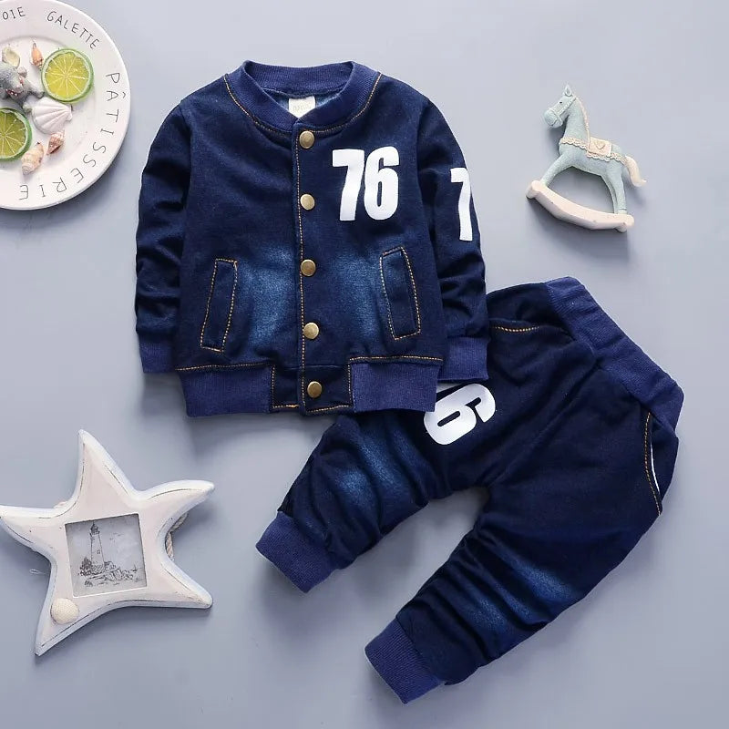 Boys 2Pcs Denim Tracksuit Number 76 Print Button Baseball Jacket
