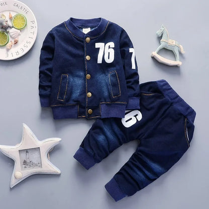 Boys 2Pcs Denim Tracksuit Number 76 Print Button Baseball Jacket