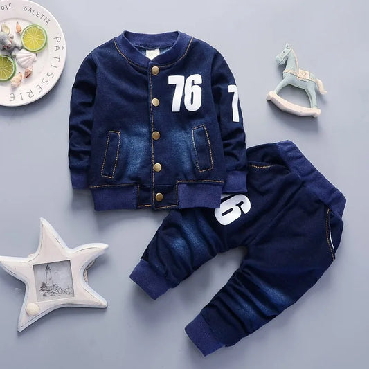 Boys 2Pcs Denim Tracksuit Number 76 Print Button Baseball Jacket