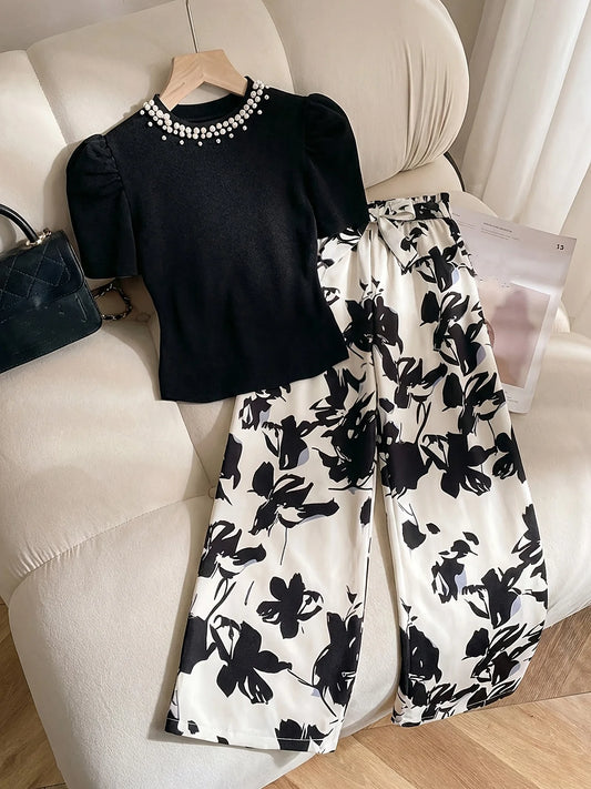 Girls' Casual Outfit Set: T-Shirt with Bead Decoration in Solid Color