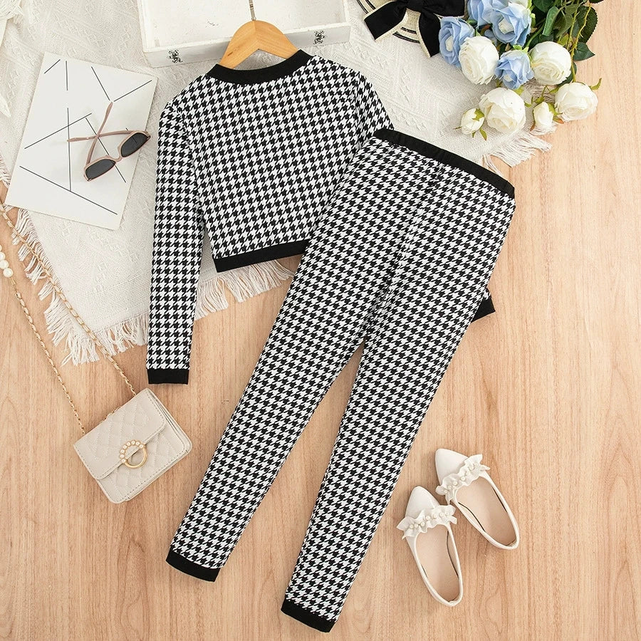 2pcs Set of Girls Outfits Long Sleeves Button Cardigan Jacket