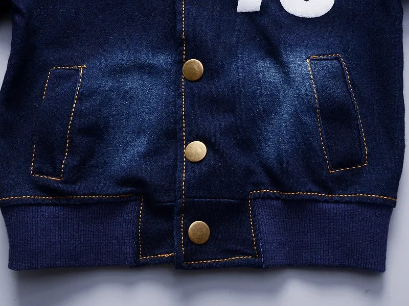 Boys 2Pcs Denim Tracksuit Number 76 Print Button Baseball Jacket