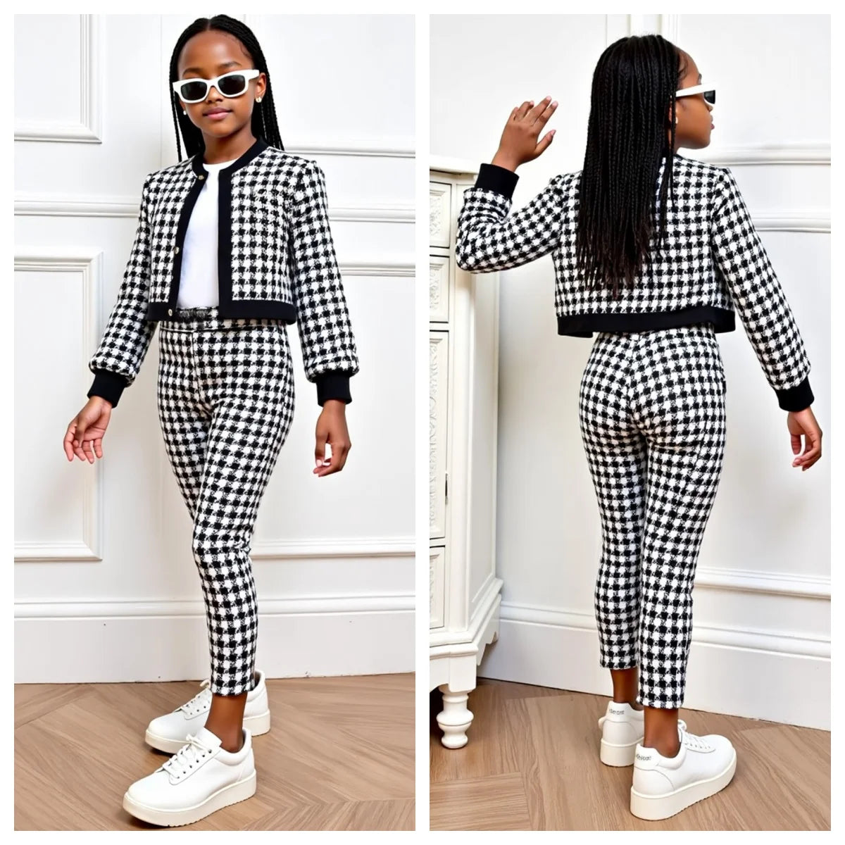 2pcs Set of Girls Outfits Long Sleeves Button Cardigan Jacket