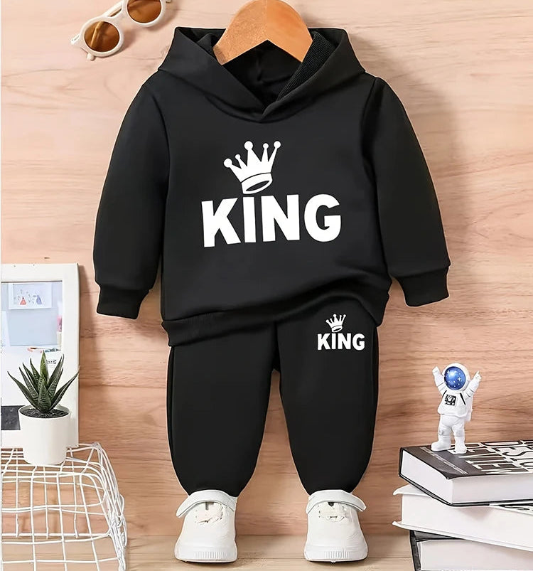 Baby Boy KING Crown Pattern Fleece Hoodie+Casual Pants Two Piece