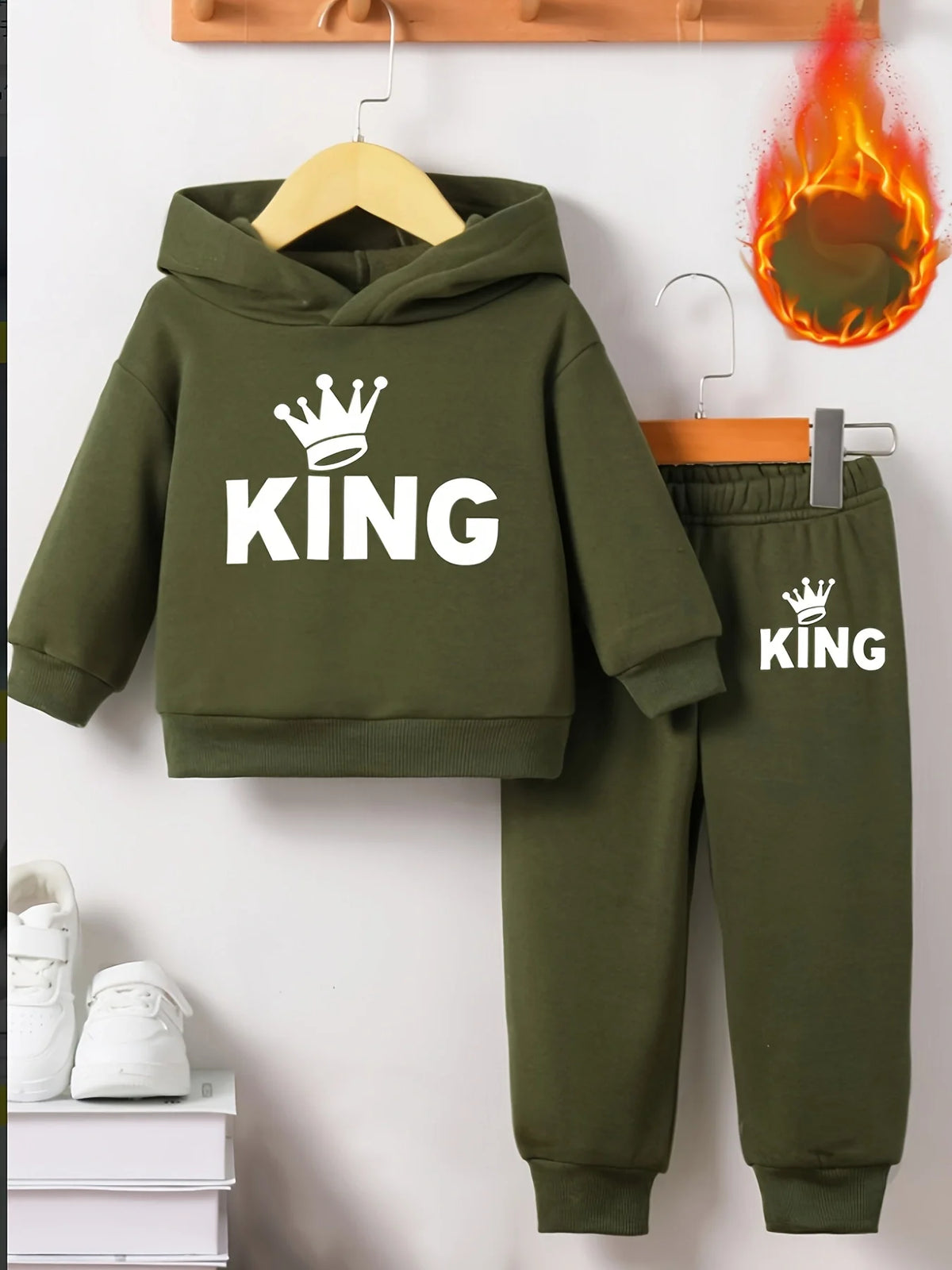 Baby Boy KING Crown Pattern Fleece Hoodie+Casual Pants Two Piece